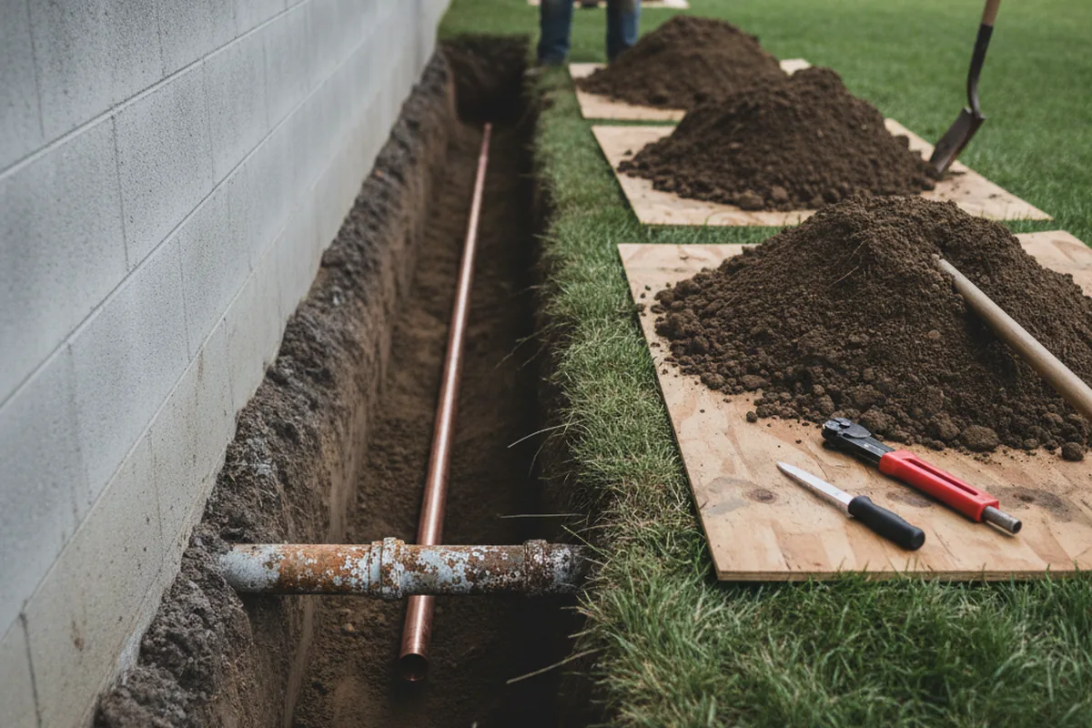 Excavated water line trench during Water Softener Installation in Sullivan